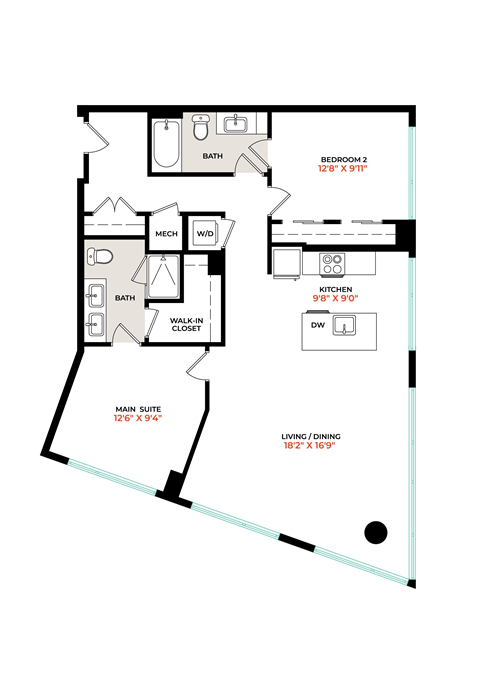 Floor plan for 2 beds, 2 baths, 1217 sqft
